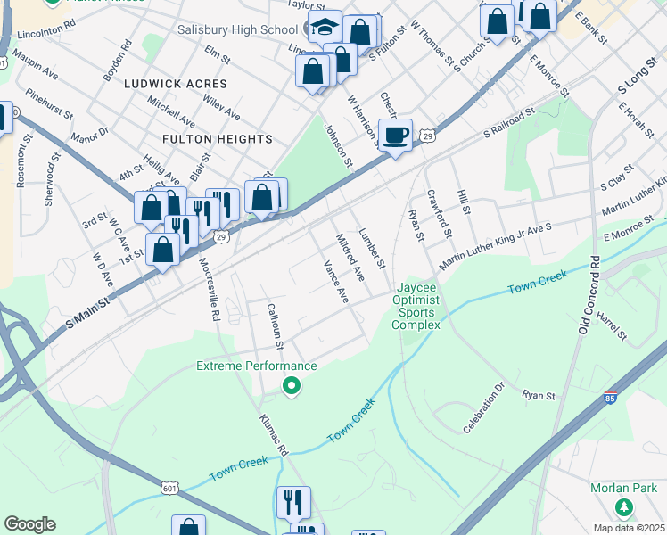 map of restaurants, bars, coffee shops, grocery stores, and more near 312 Vance Avenue in Salisbury