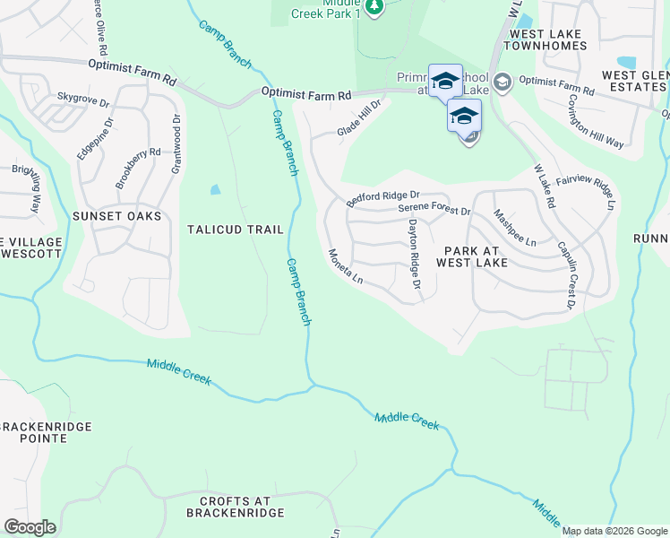 map of restaurants, bars, coffee shops, grocery stores, and more near 5409 Moneta Lane in Apex