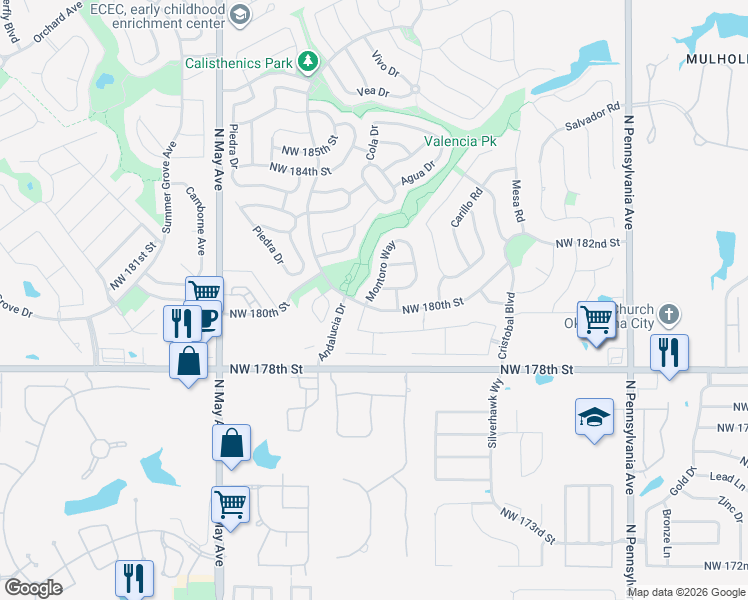 map of restaurants, bars, coffee shops, grocery stores, and more near 18104 Montoro Way in Edmond