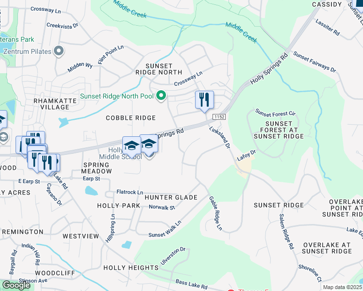 map of restaurants, bars, coffee shops, grocery stores, and more near 313 Middle Crest Way in Holly Springs