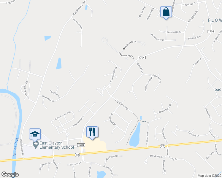 map of restaurants, bars, coffee shops, grocery stores, and more near 2010 East Cotton Gin Drive in Clayton