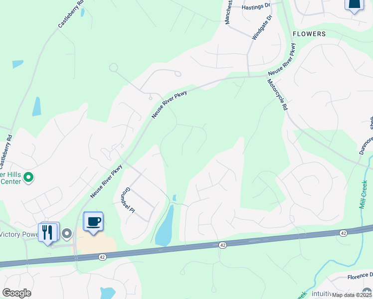 map of restaurants, bars, coffee shops, grocery stores, and more near 131 Geranium Way in Clayton