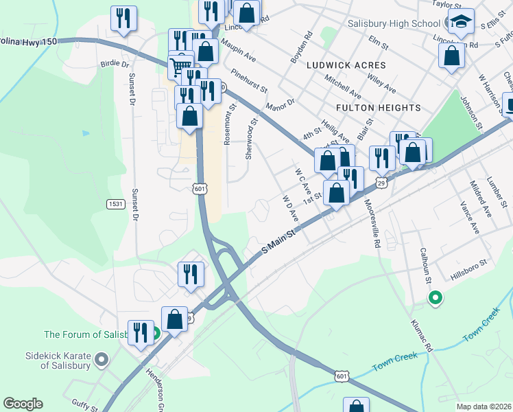 map of restaurants, bars, coffee shops, grocery stores, and more near 231 West D Avenue in Salisbury