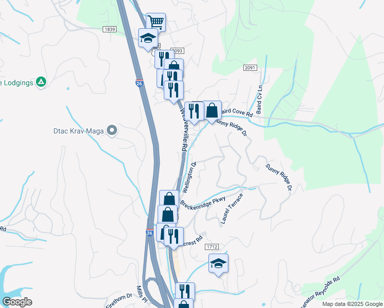map of restaurants, bars, coffee shops, grocery stores, and more near 40 Wellington Drive in Asheville