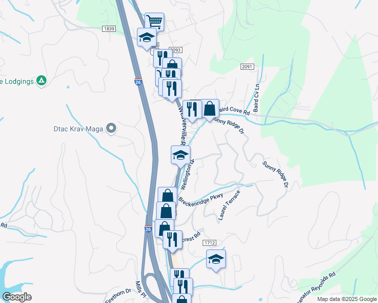 map of restaurants, bars, coffee shops, grocery stores, and more near 40 Wellington Drive in Asheville