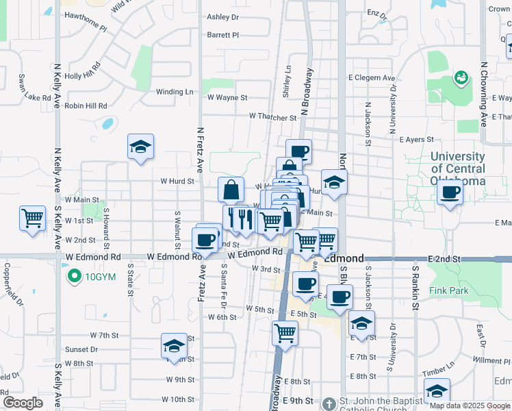 map of restaurants, bars, coffee shops, grocery stores, and more near West 2nd Street in Edmond