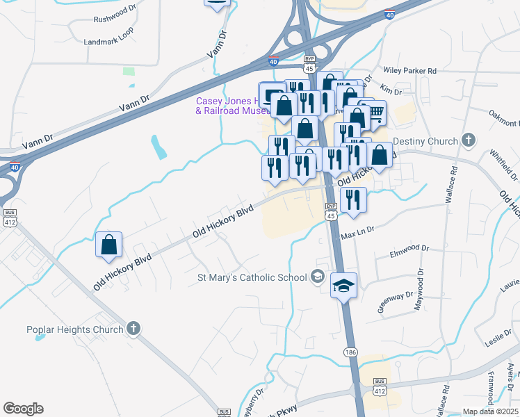 map of restaurants, bars, coffee shops, grocery stores, and more near 102 Old Hickory Boulevard in Jackson