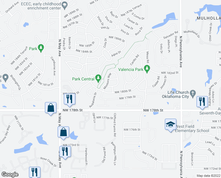 map of restaurants, bars, coffee shops, grocery stores, and more near 18109 Calle Way in Edmond