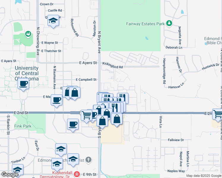 map of restaurants, bars, coffee shops, grocery stores, and more near 1600 Medical Center Drive in Edmond