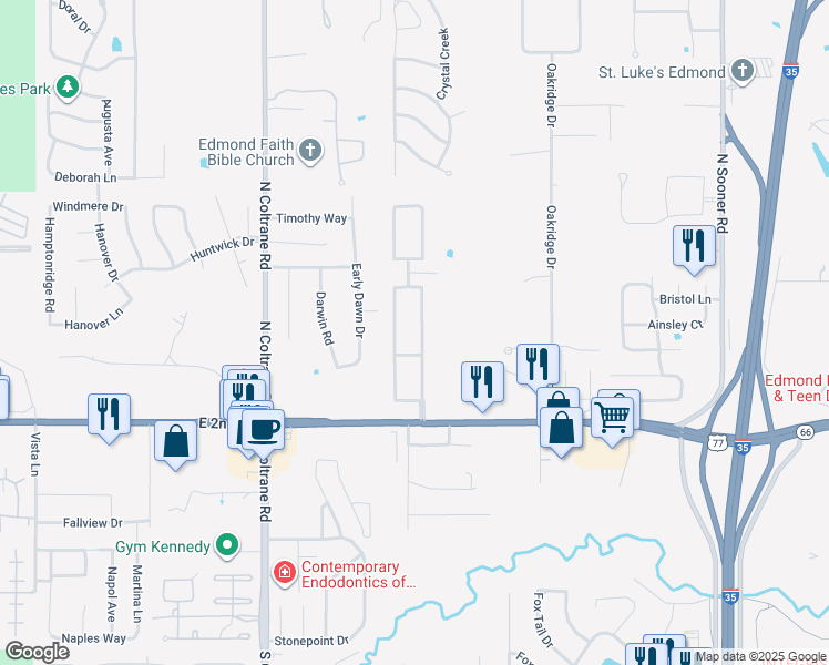 map of restaurants, bars, coffee shops, grocery stores, and more near 9 Bradbury Drive in Edmond