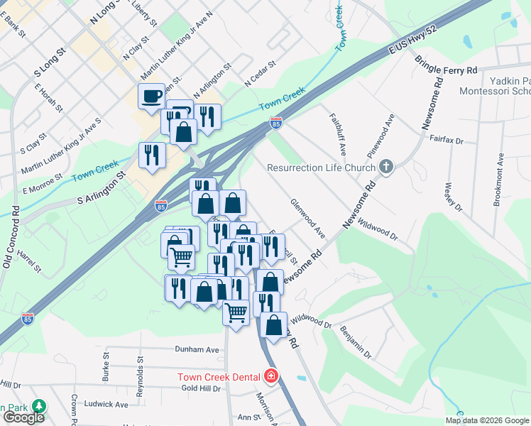 map of restaurants, bars, coffee shops, grocery stores, and more near 1416 East Council Street in Salisbury