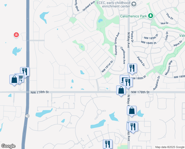 map of restaurants, bars, coffee shops, grocery stores, and more near 3116 Northwest 181st Street in Edmond