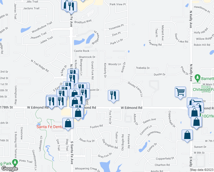 map of restaurants, bars, coffee shops, grocery stores, and more near 92 Kimberly Drive in Edmond