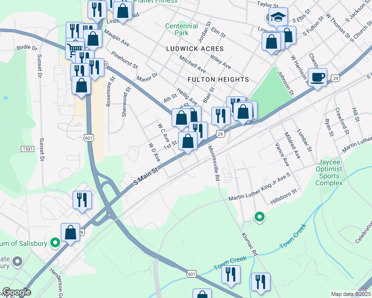 map of restaurants, bars, coffee shops, grocery stores, and more near 1707 South Main Street in Salisbury
