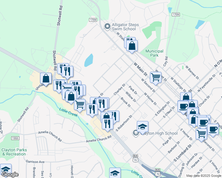 map of restaurants, bars, coffee shops, grocery stores, and more near 601 Charles Street in Clayton