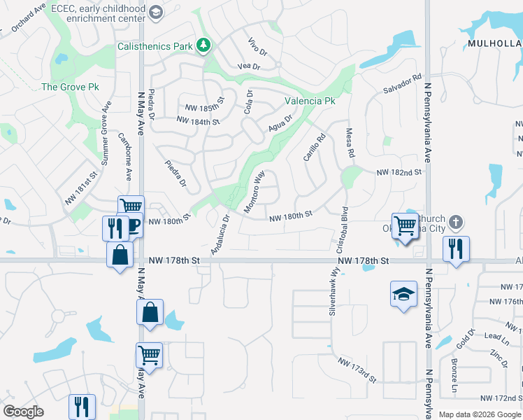 map of restaurants, bars, coffee shops, grocery stores, and more near 2524 Northwest 180th Street in Edmond