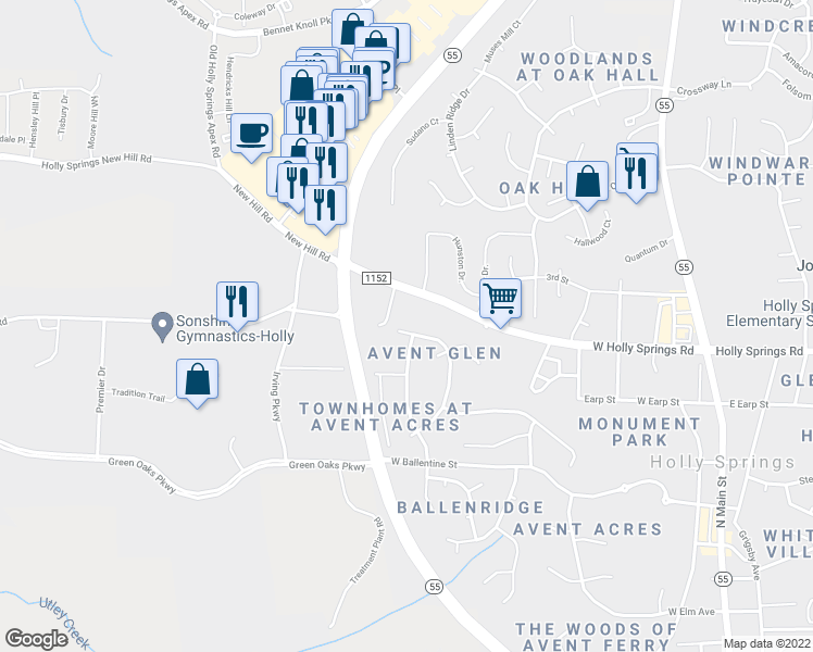 map of restaurants, bars, coffee shops, grocery stores, and more near 500 Onondaga Court in Holly Springs