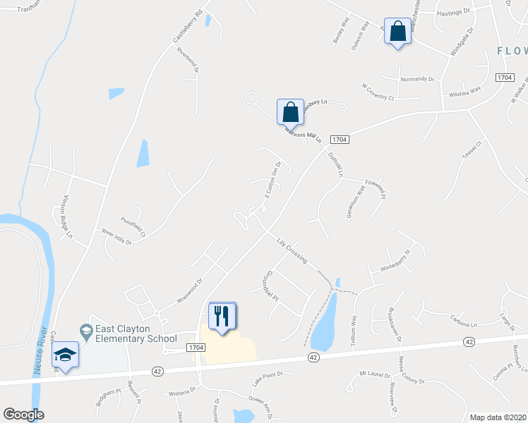 map of restaurants, bars, coffee shops, grocery stores, and more near 2012 East Cotton Gin Drive in Clayton