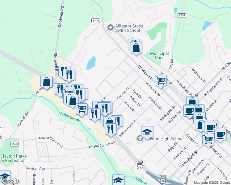 map of restaurants, bars, coffee shops, grocery stores, and more near 601 Charles Street in Clayton