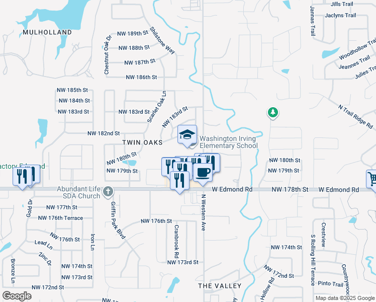 map of restaurants, bars, coffee shops, grocery stores, and more near 18101 North Western Avenue in Edmond