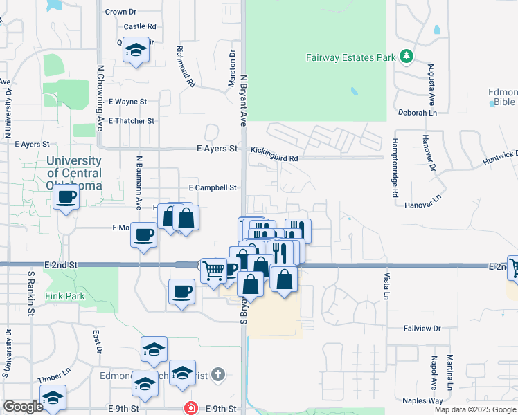 map of restaurants, bars, coffee shops, grocery stores, and more near 1600 Medical Center Drive in Edmond