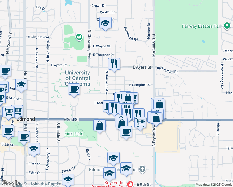 map of restaurants, bars, coffee shops, grocery stores, and more near 1105 East Main Street in Edmond