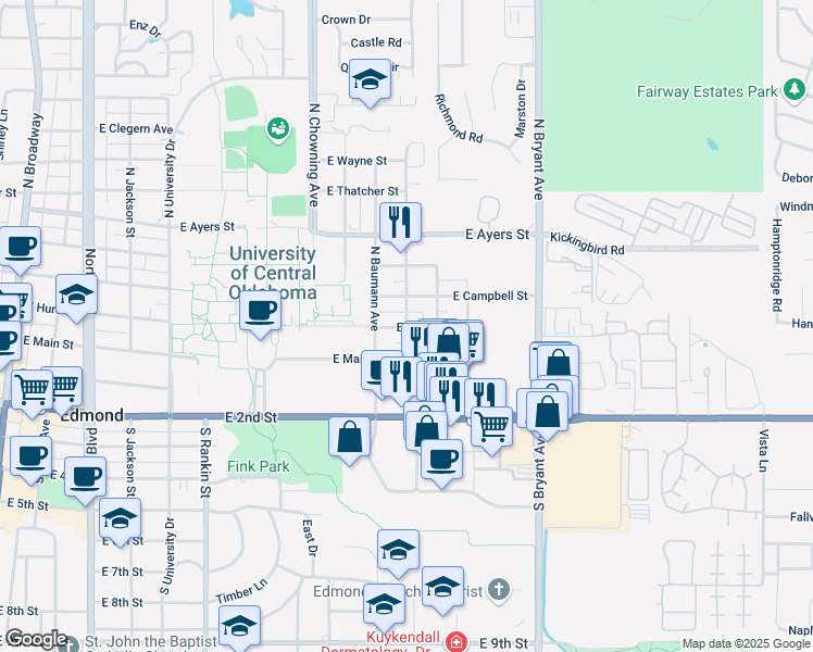 map of restaurants, bars, coffee shops, grocery stores, and more near 1105 East Main Street in Edmond