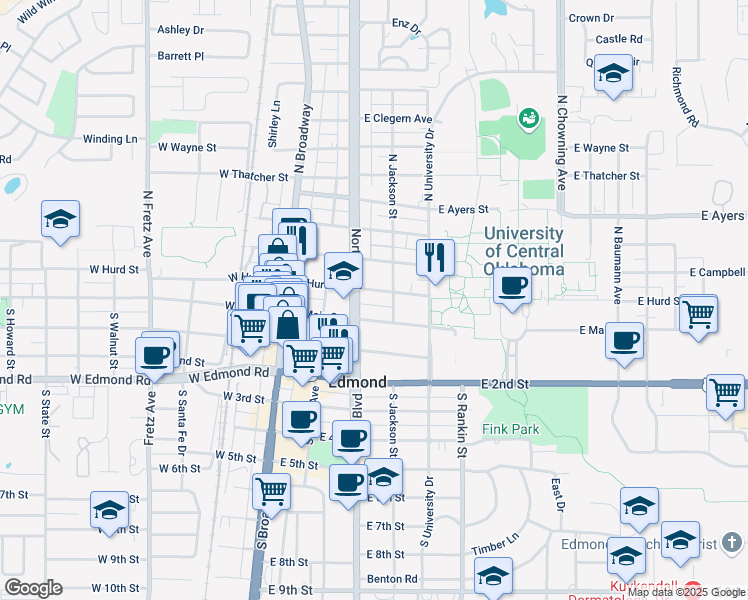 map of restaurants, bars, coffee shops, grocery stores, and more near 207 East Main Street in Edmond