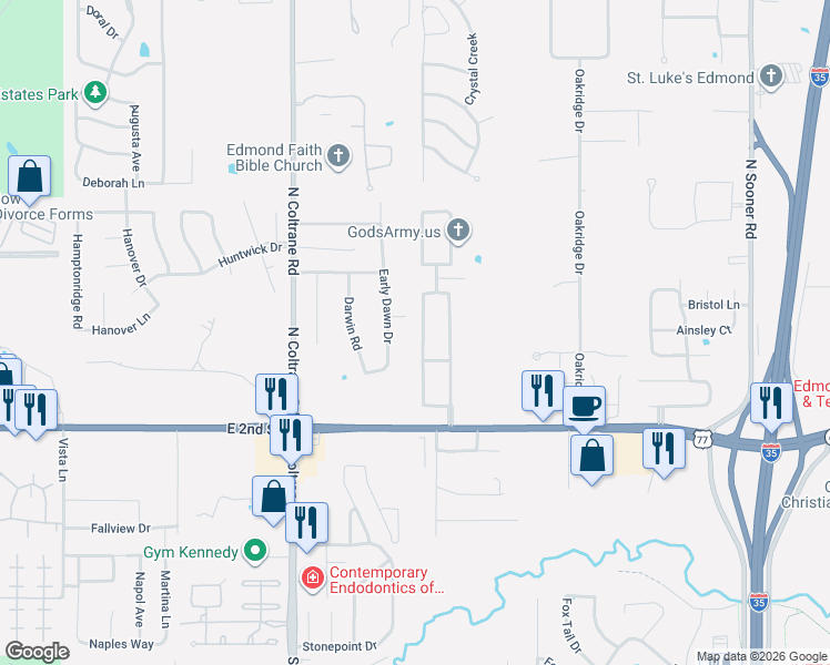 map of restaurants, bars, coffee shops, grocery stores, and more near 6 Early Dawn Drive in Edmond
