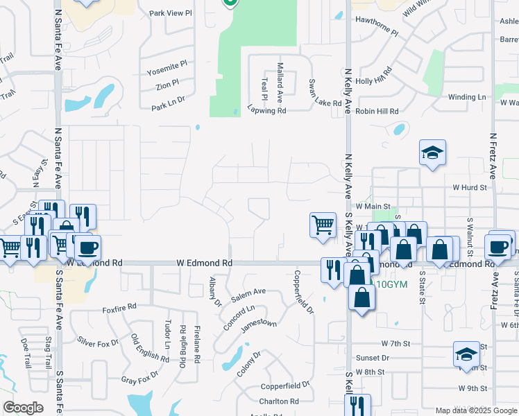 map of restaurants, bars, coffee shops, grocery stores, and more near 25 Creek View Drive in Edmond