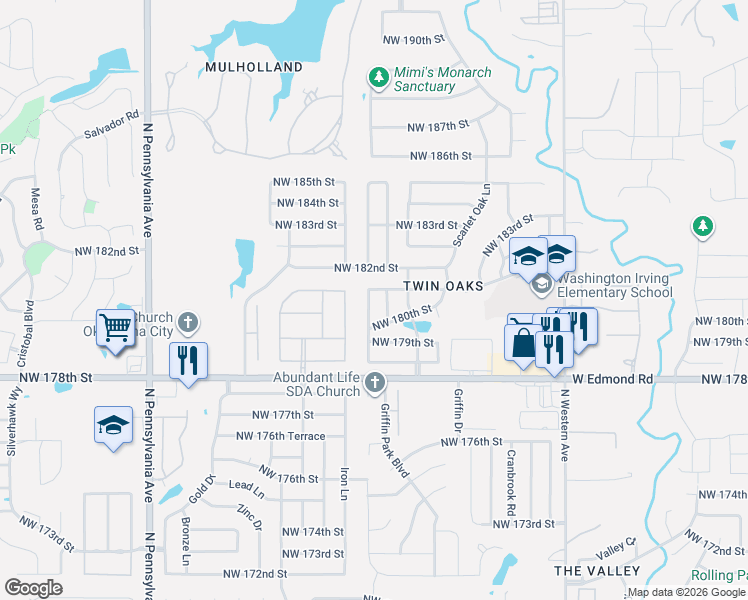 map of restaurants, bars, coffee shops, grocery stores, and more near 18105 Chestnut Oak Drive in Edmond