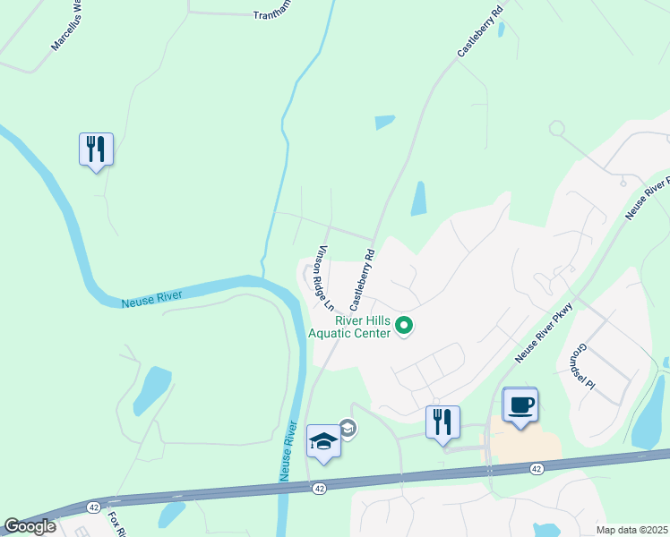 map of restaurants, bars, coffee shops, grocery stores, and more near Longleaf Pine Street in Wake County