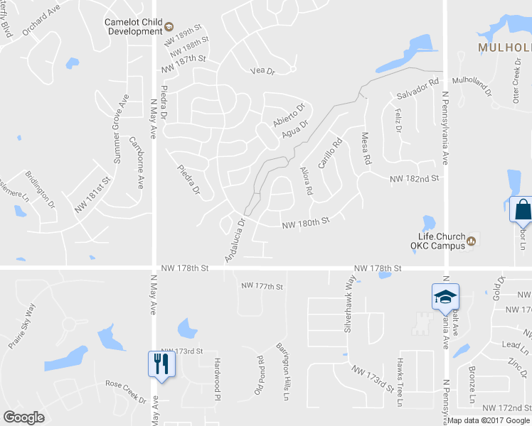 map of restaurants, bars, coffee shops, grocery stores, and more near 18112 Montoro Way in Edmond
