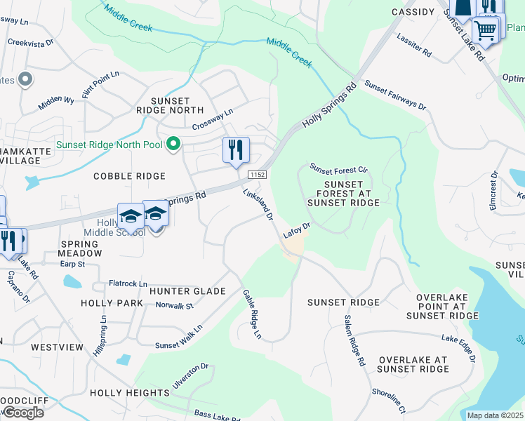 map of restaurants, bars, coffee shops, grocery stores, and more near 4900 Gable Ridge Lane in Holly Springs