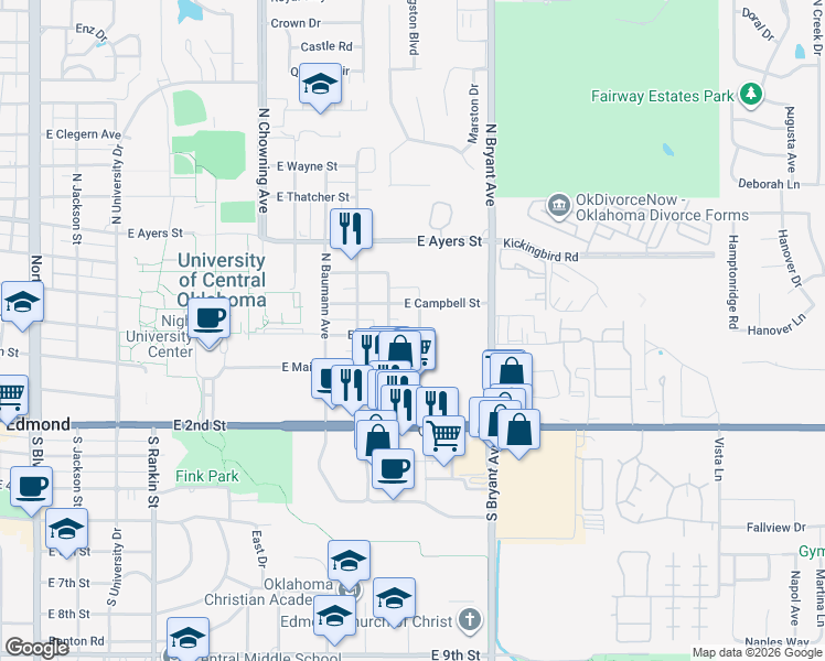 map of restaurants, bars, coffee shops, grocery stores, and more near 1216 East Campbell Street in Edmond