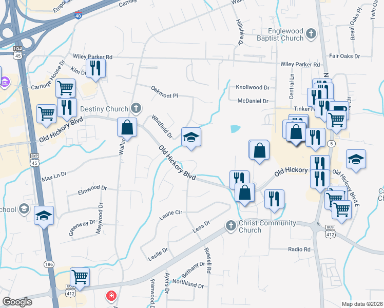map of restaurants, bars, coffee shops, grocery stores, and more near 211 Old Hickory Boulevard in Jackson