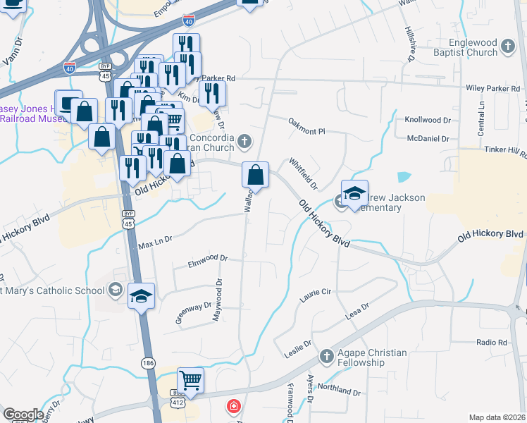 map of restaurants, bars, coffee shops, grocery stores, and more near 566 Wallace Road in Jackson
