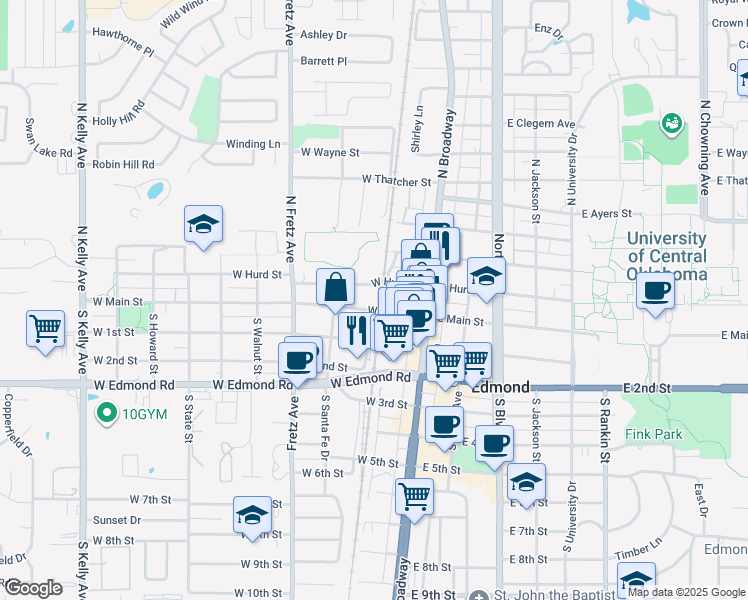 map of restaurants, bars, coffee shops, grocery stores, and more near 101 West Main Street in Edmond