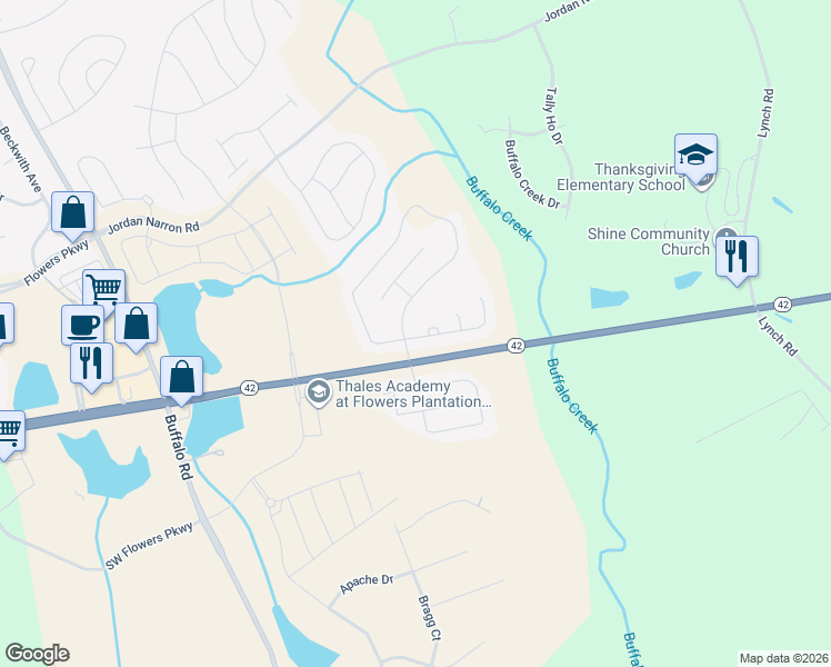 map of restaurants, bars, coffee shops, grocery stores, and more near 40 Mallard Loop Drive in Clayton