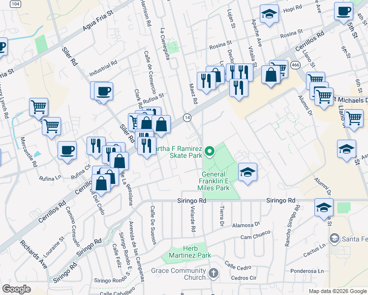 map of restaurants, bars, coffee shops, grocery stores, and more near 2800 Cerrillos Road in Santa Fe