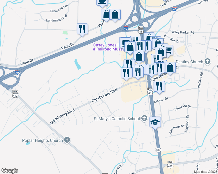 map of restaurants, bars, coffee shops, grocery stores, and more near 809 Old Hickory Boulevard in Jackson
