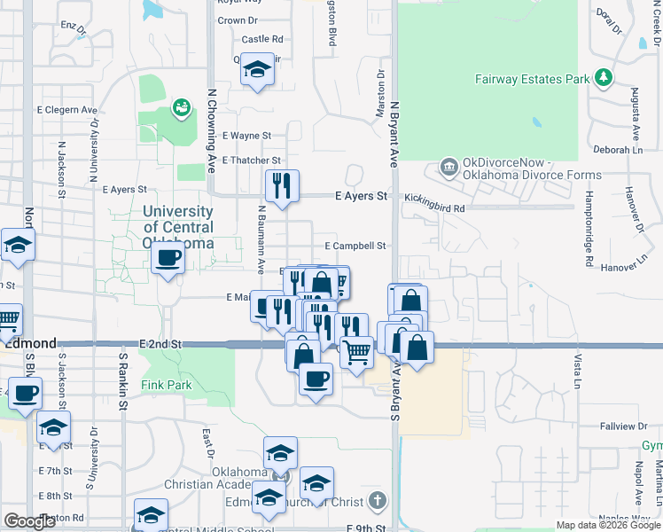 map of restaurants, bars, coffee shops, grocery stores, and more near 1216 East Campbell Street in Edmond