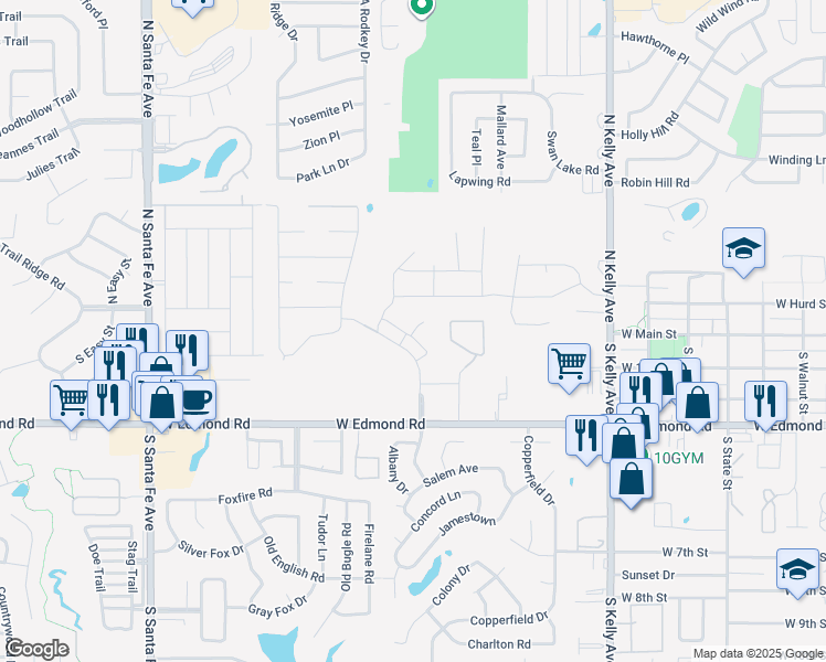 map of restaurants, bars, coffee shops, grocery stores, and more near 25 Creek View Drive in Edmond