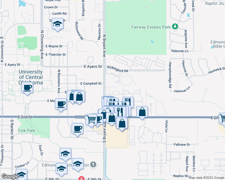 map of restaurants, bars, coffee shops, grocery stores, and more near 122 North Bryant Avenue in Edmond