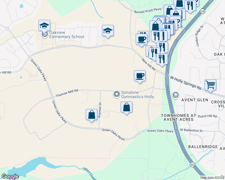 map of restaurants, bars, coffee shops, grocery stores, and more near 168 Thomas Mill Road in Holly Springs