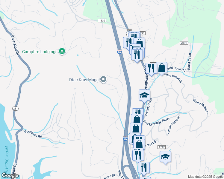 map of restaurants, bars, coffee shops, grocery stores, and more near Barebridge Hills Drive in Asheville