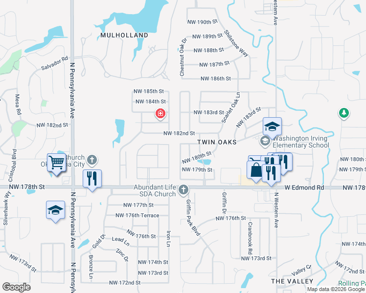 map of restaurants, bars, coffee shops, grocery stores, and more near 1532 Northwest 182nd Street in Edmond