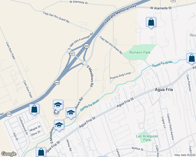 map of restaurants, bars, coffee shops, grocery stores, and more near South Meadows Road in Santa Fe