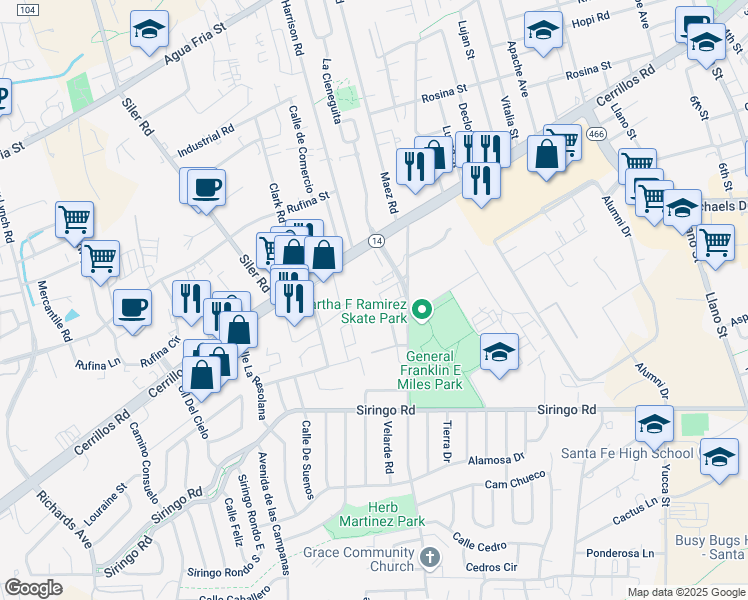 map of restaurants, bars, coffee shops, grocery stores, and more near 2800 Cerrillos Road in Santa Fe