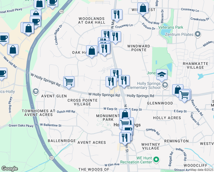 map of restaurants, bars, coffee shops, grocery stores, and more near 314 Blalock Street in Holly Springs